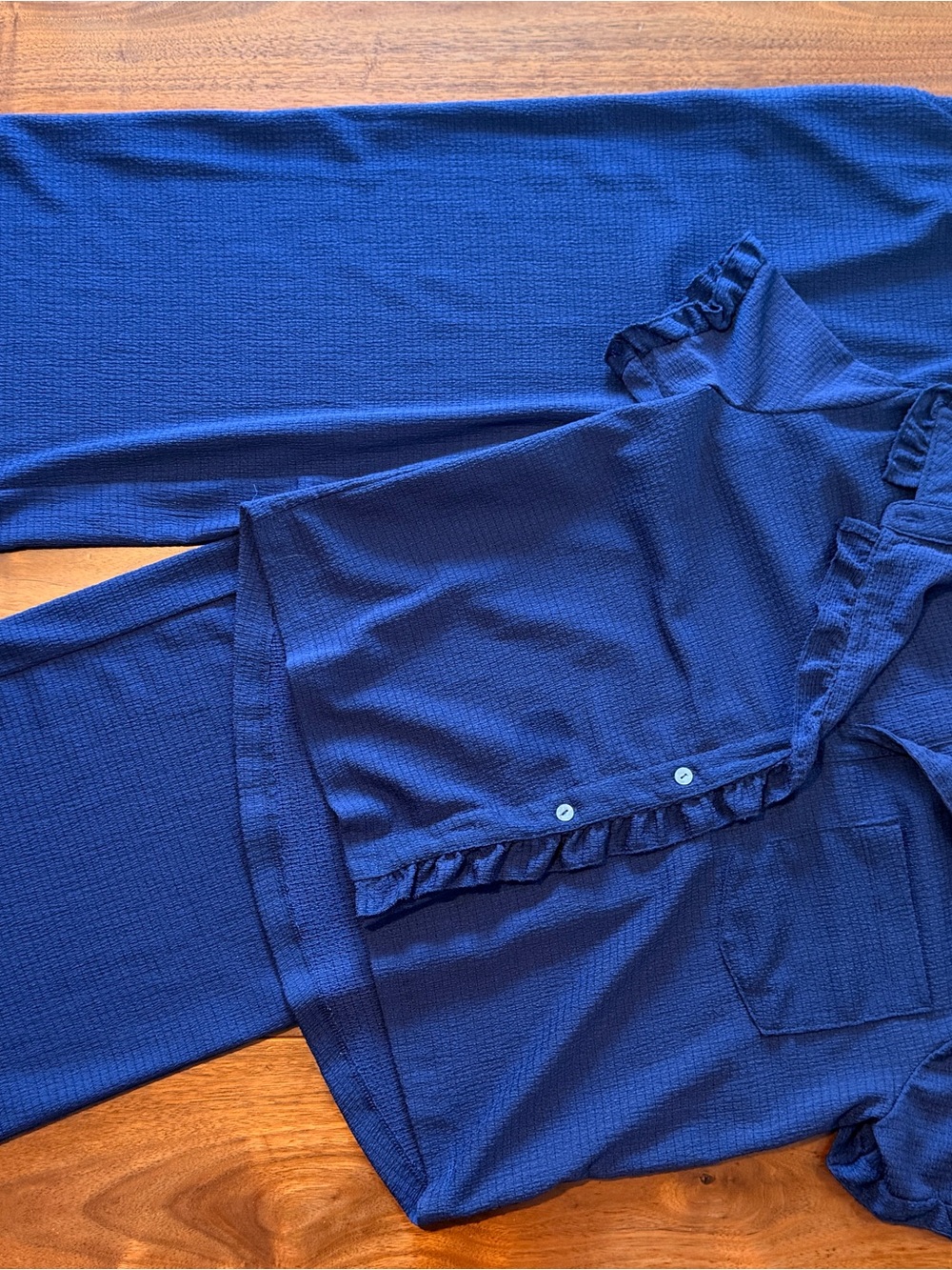 kathy ireland Royal Blue Ruffle Trim Button-Down Top and Patching Pants Set